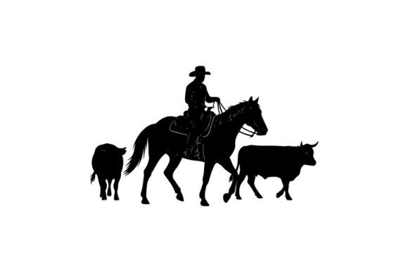 Cowboy Herding Cattle in Silhouette Line