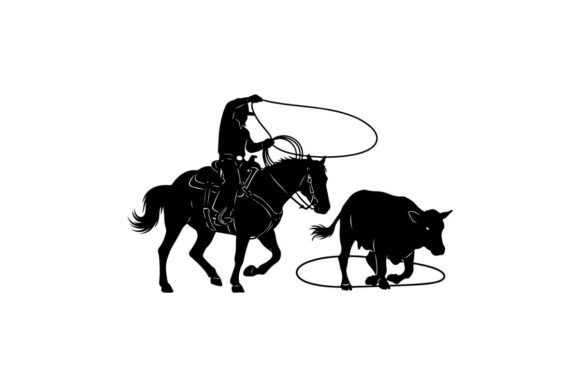 Cowboy on Horseback Lassoing a Calf Line