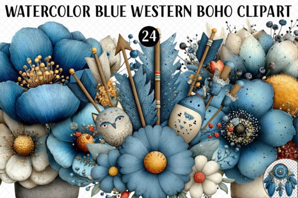 Watercolor Blue Western Boho Clipart Review for Real Embroidery Projects